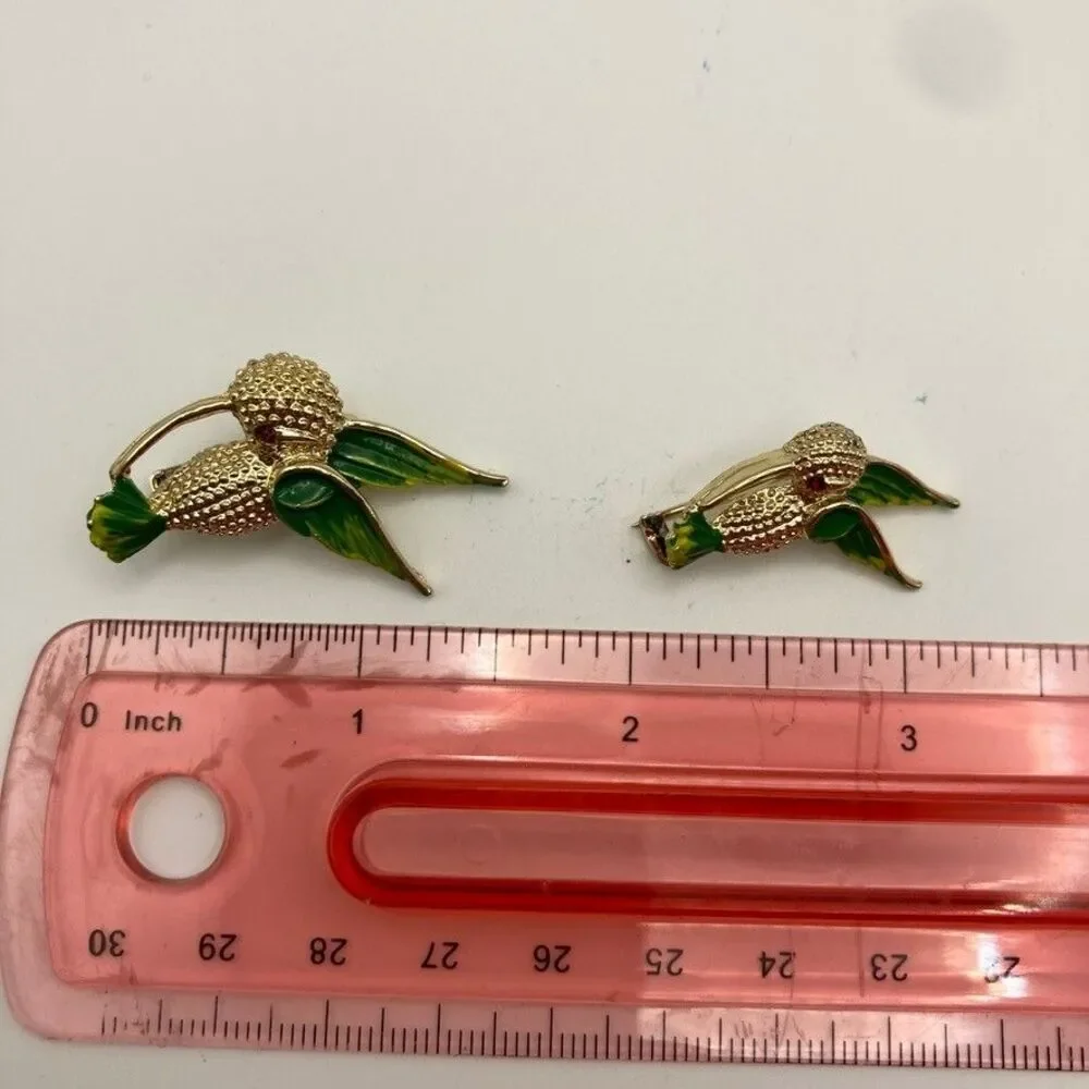 Gerry Vintage Hummingbird Pin Set of‎ 2 Gold Tone Green/Yl Enamel Rhinestone